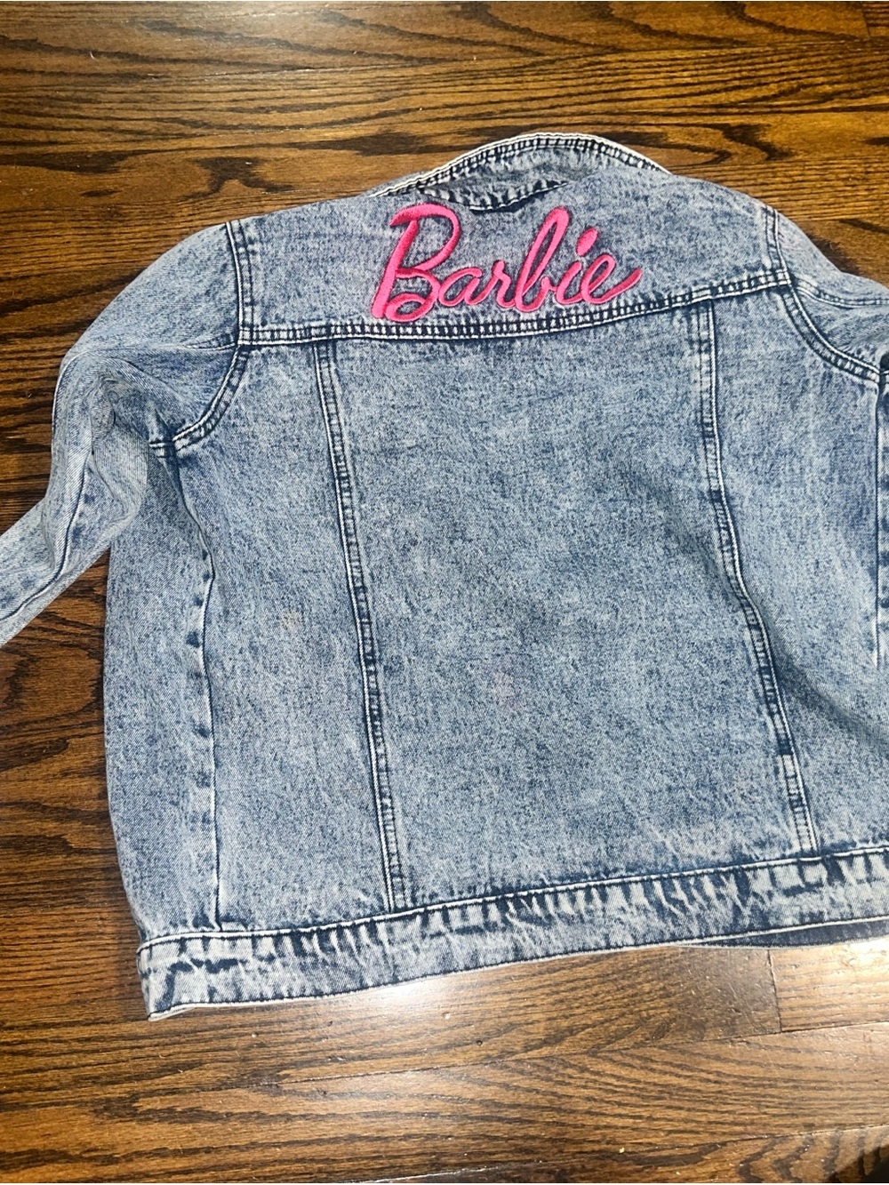 Barbie Light Wash Denim Jacket with Pink Script Logo